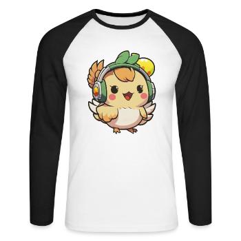 Kawaii Cute Happy Colorful Chicken avec des écouteurs - T-shirt baseball manches longues Homme - blanc/noir - Devant - Nik (191cm)