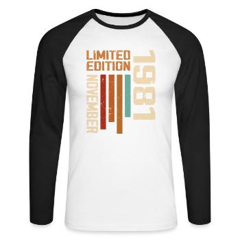 1981 Novembre Cadeau d’anniversaire. Novembre 1981 - T-shirt baseball manches longues Homme - blanc/noir - Devant - Nik (191cm)