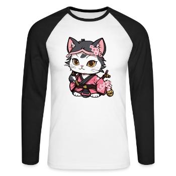 Samurai Katze & Kirschblüten #12 - Unisex Baseballshirt langarm - Weiß/Schwarz - Vorne - Nik (191cm)