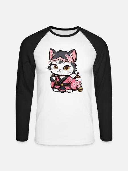 Samurai Cat & Cherry Blossoms #12 - Unisex Long Sleeve Baseball T-Shirt - white/black