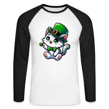 Dessin animé de chat de la Saint-Patrick - T-shirt baseball manches longues Homme - blanc/noir - Devant - Nik (191cm)