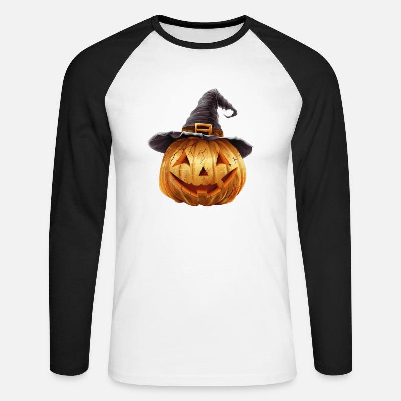 Spooky pumpkin with witch hat - Unisex Long Sleeve Baseball T-Shirt - white/black