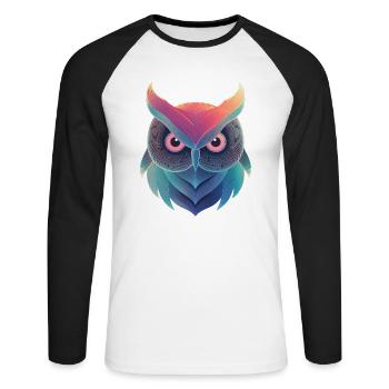 Bunte Eule im holographischen Design - Unisex Baseballshirt langarm - Weiß/Schwarz - Vorne - Nik (191cm)