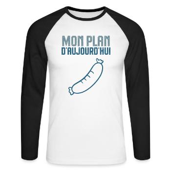 Mon plan d aujourd hui saucisson - T-shirt baseball manches longues Homme - blanc/noir - Devant - Nik (191cm)