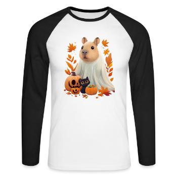 Halloween Capybara Cat Ghost Gift Idea - Unisex Long Sleeve Baseball T-Shirt - white/black - Front - Nik (191cm)