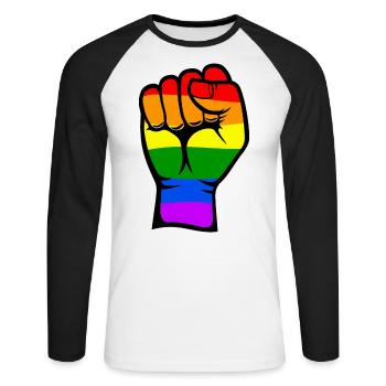 Rainbow Color Flag Hand Fist Symbol - Unisex Long Sleeve Baseball T-Shirt - white/black - Front - Nik (191cm)