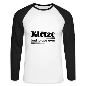Klötze - Stadt best place ever - Unisex Baseballshirt langarm - Weiß/Schwarz - Vorne - Nik (191cm)
