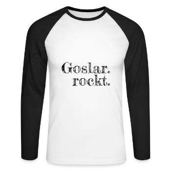 Goslar rockt - Textdesign mit Stadtnamen - Unisex Baseballshirt langarm - Weiß/Schwarz - Vorne - Nik (191cm)
