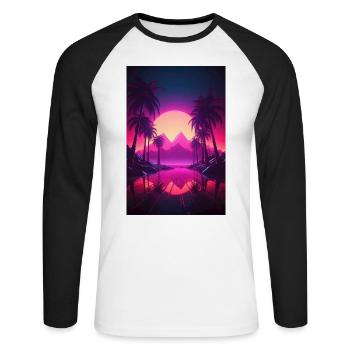 Beachside Beats: Synthwave-Vibes unter Palmen - Unisex Baseballshirt langarm - Weiß/Schwarz - Vorne - Nik (191cm)