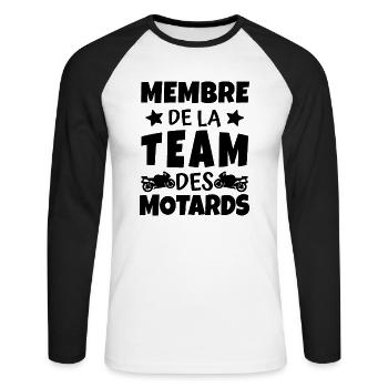 team motard / cadeau humour motard - T-shirt baseball manches longues Homme - blanc/noir - Devant - Nik (191cm)