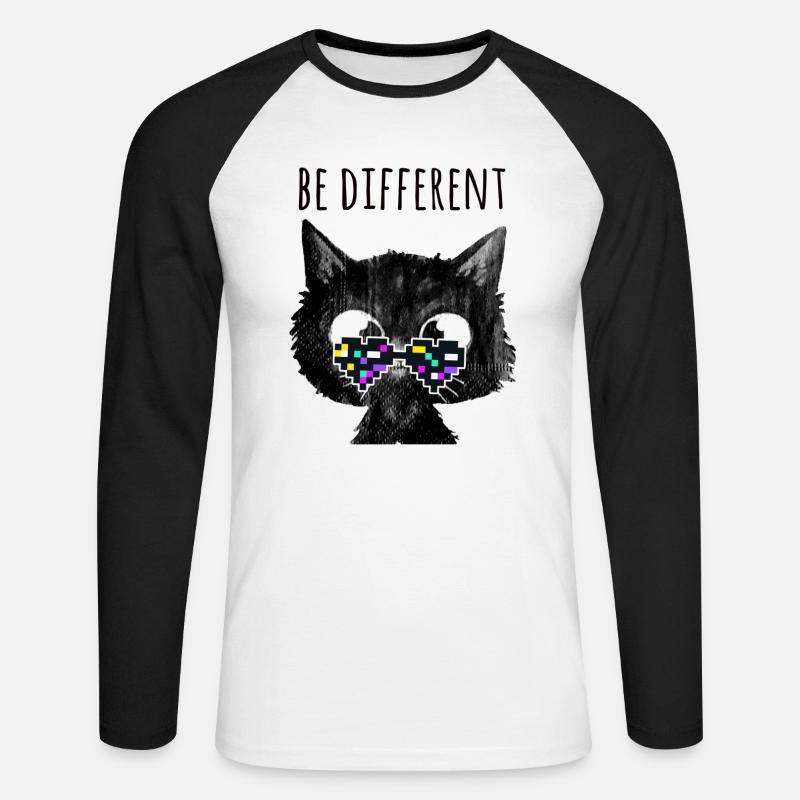 Katze, be different ,nerd,pixelbrille, pixel - Unisex Baseballshirt langarm - Weiß/Schwarz