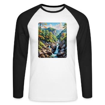 Serene Mountain Waterfall Landscape - Unisex Long Sleeve Baseball T-Shirt - white/black - Front - Nik (191cm)