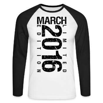 Anniversaire Mars 2016 Mars né en Mars - T-shirt baseball manches longues Homme - blanc/noir - Devant - Nik (191cm)