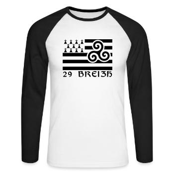 29 Breizh Finistère Bretagne - T-shirt baseball manches longues Homme - blanc/noir - Devant - Nik (191cm)