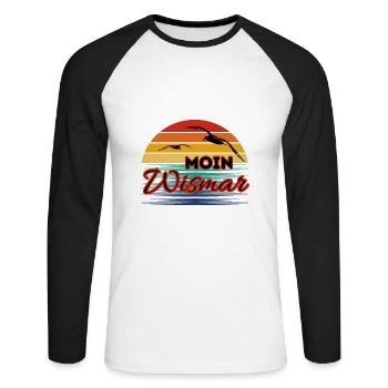 Moin Wismar mit Möwe im Retro Style - Unisex Baseballshirt langarm - Weiß/Schwarz - Vorne - Nik (191cm)