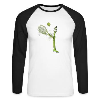 tennis,spargel,spargel,comic,grüner spargel - Unisex Baseballshirt langarm - Weiß/Schwarz - Vorne - Nik (191cm)