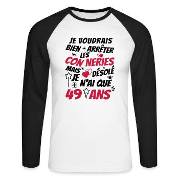 connerie 49 ans / cadeau anniversaire 49 ans - T-shirt baseball manches longues Homme - blanc/noir - Devant - Nik (191cm)