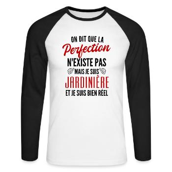 perfection jardinière / cadeau humour jardinière - T-shirt baseball manches longues Homme - blanc/noir - Devant - Nik (191cm)