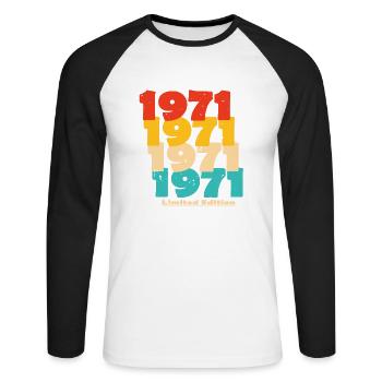 1971: Limited Edition - 53rd Anniversary - Unisex Long Sleeve Baseball T-Shirt - white/black - Front - Nik (191cm)