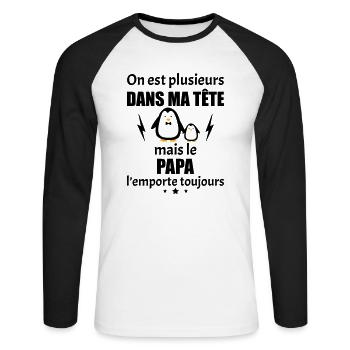 On est plusieurs dans ma tête Papa,fête des pères - T-shirt baseball manches longues Homme - blanc/noir - Devant - Nik (191cm)