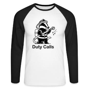Blaireau pompier - Design « Duty Calls » - T-shirt baseball manches longues Homme - blanc/noir - Devant - Nik (191cm)