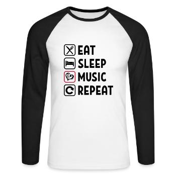 Eat Sleep Music Repeat - Unisex Baseballshirt langarm - Weiß/Schwarz - Vorne - Nik (191cm)