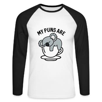 Mes jeux de mots sont du thé koala - T-shirt baseball manches longues Homme - blanc/noir - Devant - Nik (191cm)