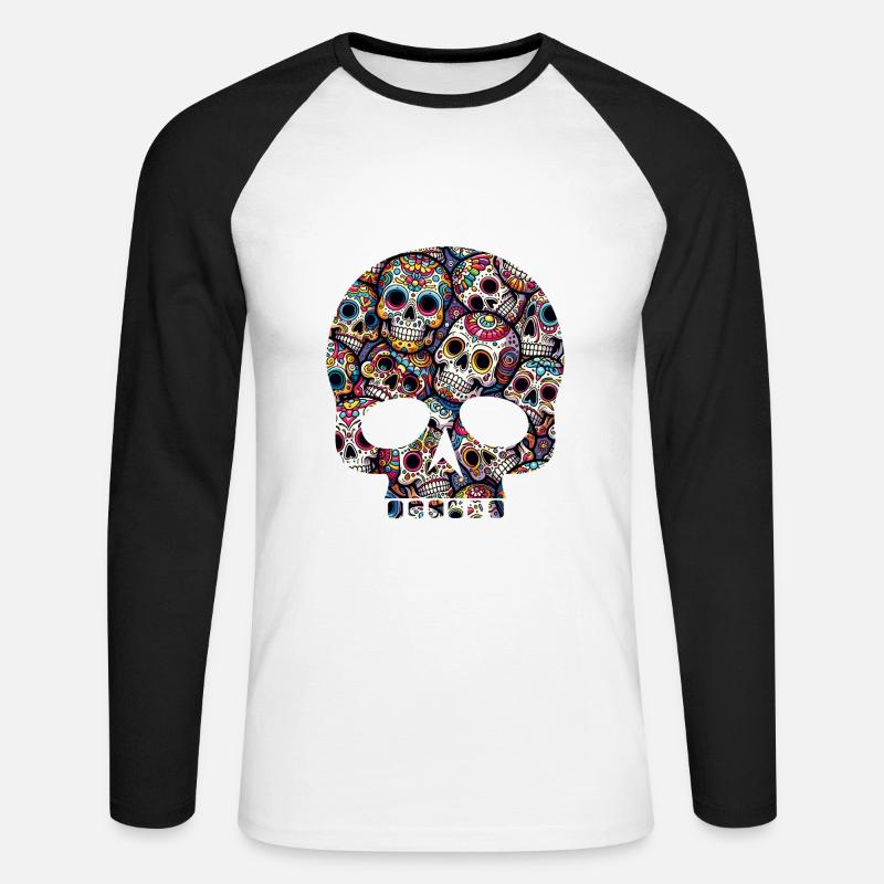 Buntes dekoratives Skullmuster - Unisex Baseballshirt langarm - Weiß/Schwarz