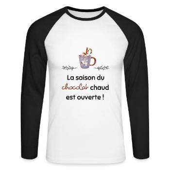 La saison du chocolat chaud est ouverte | Cadeau - T-shirt baseball manches longues Homme - blanc/noir - Devant - Nik (191cm)