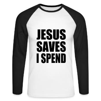 jesus saves i spend - T-shirt baseball manches longues Homme - blanc/noir - Devant - Nik (191cm)