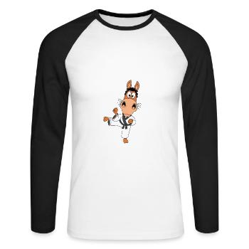 PFERD - KARATE - JUDO - SELBSTVERTEIDIGUNG - SPORT - Unisex Baseballshirt langarm - Weiß/Schwarz - Vorne - Nik (191cm)