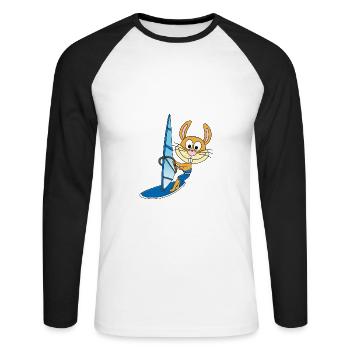 HASE - WINDSURFER - SURFER - WASSERSPORT - TIER - Unisex Baseballshirt langarm - Weiß/Schwarz - Vorne - Nik (191cm)