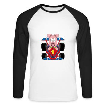 SCHWEIN - AUTO - RENNWAGEN - AUTORENNEN - TIER - Unisex Baseballshirt langarm - Weiß/Schwarz - Vorne - Nik (191cm)