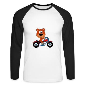 TEDDY - BÄR - TEDDYBÄR - MOTORRAD - BIKER - TIER - Unisex Baseballshirt langarm - Weiß/Schwarz - Vorne - Nik (191cm)