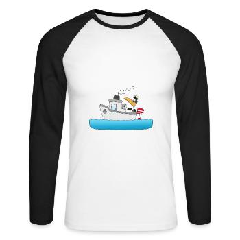 KAPITÄN - BOOT - SCHIFF - PINGUIN - MEER - Unisex Baseballshirt langarm - Weiß/Schwarz - Vorne - Nik (191cm)