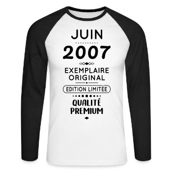 18. Geburtstag - Juni 2007 Original - Unisex Baseballshirt langarm - Weiß/Schwarz - Vorne - Nik (191cm)
