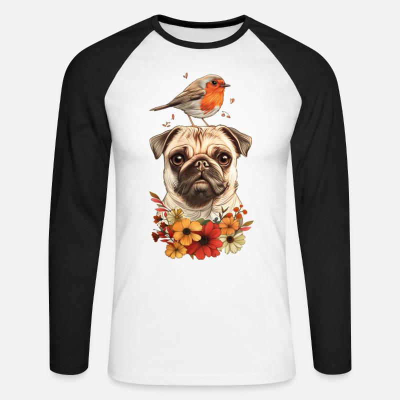 Mops mit Vogel - Unisex Baseballshirt langarm - Weiß/Schwarz