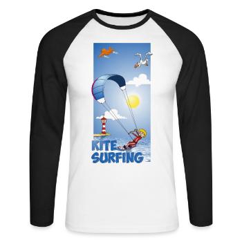 Illustration colorée d’un kitesurfer - T-shirt baseball manches longues Homme - blanc/noir - Devant - Nik (191cm)