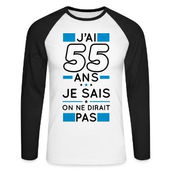 Anniversaire 55 ans - J'ai 55 ans je sais - T-shirt baseball manches longues Homme - blanc/noir - Devant - Nik (191cm)
