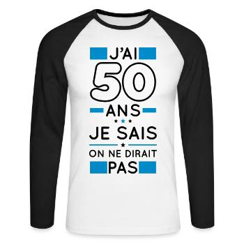 Anniversaire 50 ans - J'ai 50 ans je sais - T-shirt baseball manches longues Homme - blanc/noir - Devant - Nik (191cm)