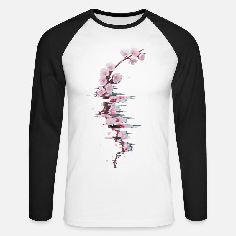 Glitch Kirschblüte moderner Blütenzweig - Unisex Baseballshirt langarm - Weiß/Schwarz