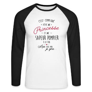 Princesse et sapeur pompier - T-shirt baseball manches longues Homme - blanc/noir - Devant - Nik (191cm)