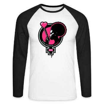 Girl-Power-Spirit-01-customizable - T-shirt baseball manches longues Homme - blanc/noir - Devant - Nik (191cm)