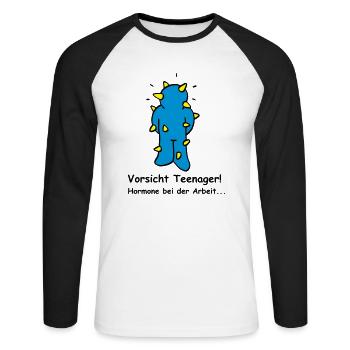 Vorsicht Teenager! Hormone bei der Arbeit. - Unisex Baseballshirt langarm - Weiß/Schwarz - Vorne - Nik (191cm)
