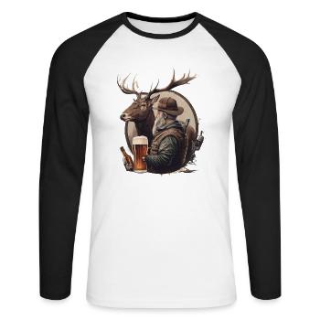 Un chasseur boit de la bière - T-shirt baseball manches longues Homme - blanc/noir - Devant - Nik (191cm)