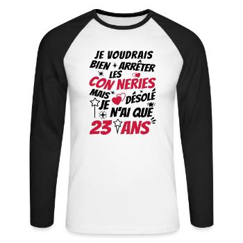 conneries 23 ans / humour anniversaire 23 ans - T-shirt baseball manches longues Homme - blanc/noir - Devant - Nik (191cm)