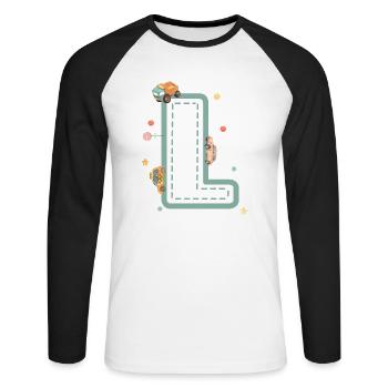 Buchstabe l Fahrzeug - personalisiertes Kindergeschenk - Unisex Baseballshirt langarm - Weiß/Schwarz - Vorne - Nik (191cm)
