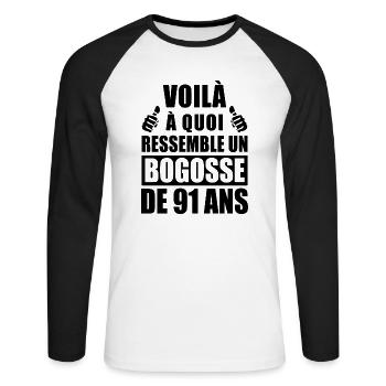 bogosse 91 ans / t-shirt anniversaire 91 ans - T-shirt baseball manches longues Homme - blanc/noir - Devant - Nik (191cm)
