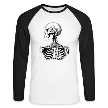 Skelett Blumen - Unisex Baseballshirt langarm - Weiß/Schwarz - Vorne - Nik (191cm)