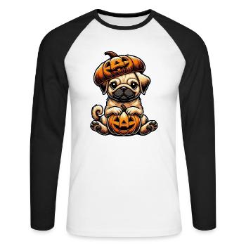 Mignon Halloween Carlin Dessin animé Citrouille Chien Fantaisiste - T-shirt baseball manches longues Homme - blanc/noir - Devant - Nik (191cm)